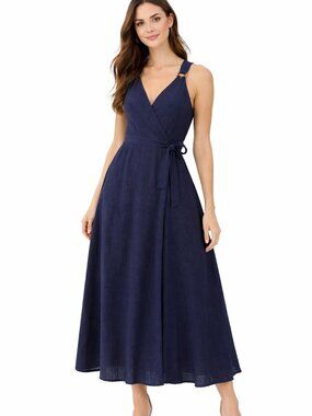 Joh Apparel Navy Blue Wrap Dress Women Sleeveless V-Neck Midi Tie Waist S M L